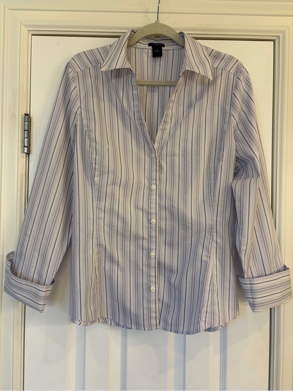 Ann Taylor Striped Collared Button-Down Shirt in Light Blue and White